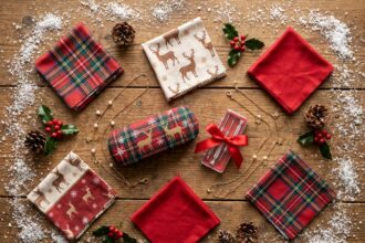 Accessoires pour lunettes de Noël à moins de 20 euros disposés en flat lay sur bois rustique avec décoration hivernale