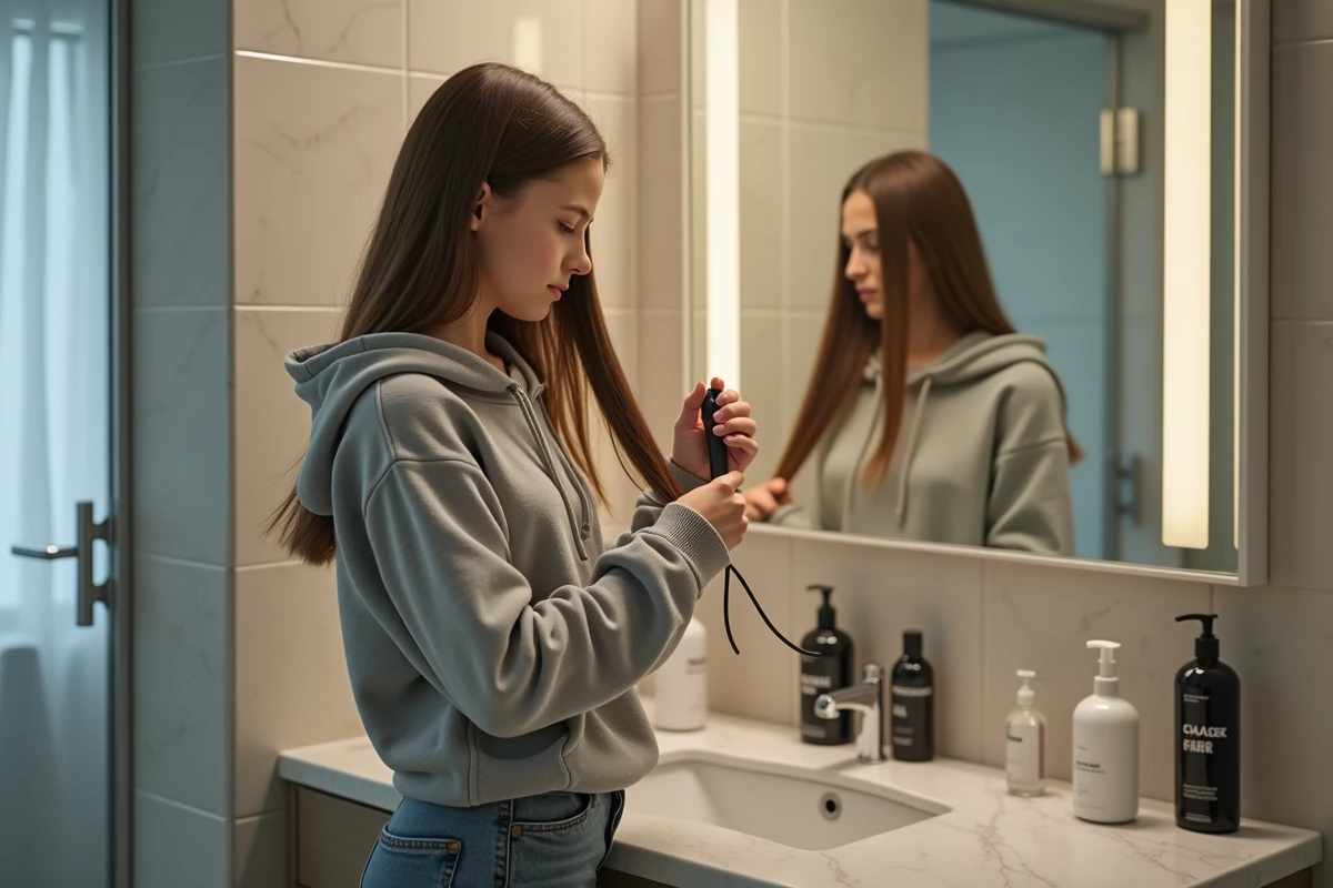 Adolescente examinant ses cheveux avec un kardoune en main