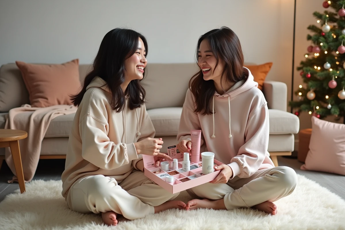 Deux amies découvrant ensemble les produits k-beauty du calendrier de l'Avent YesStyle dans un salon cosy décoré pour Noël