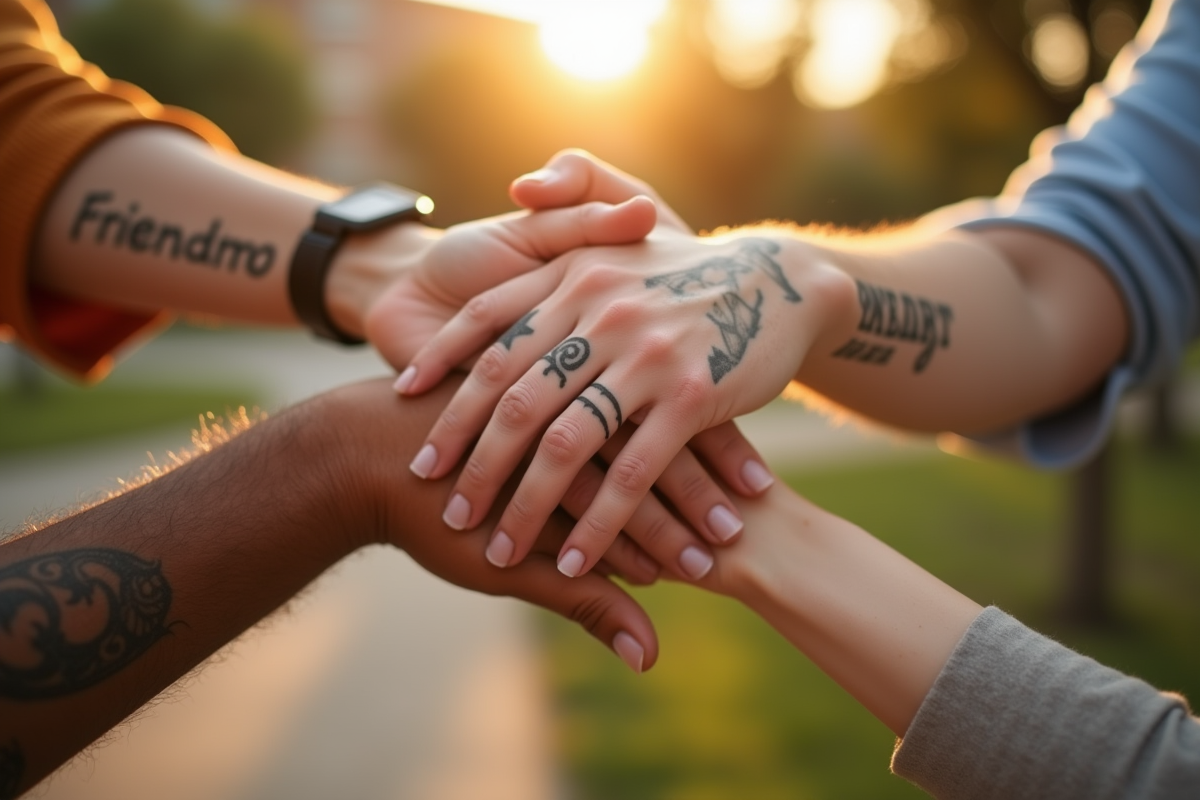 Trois amis avec tatouages d