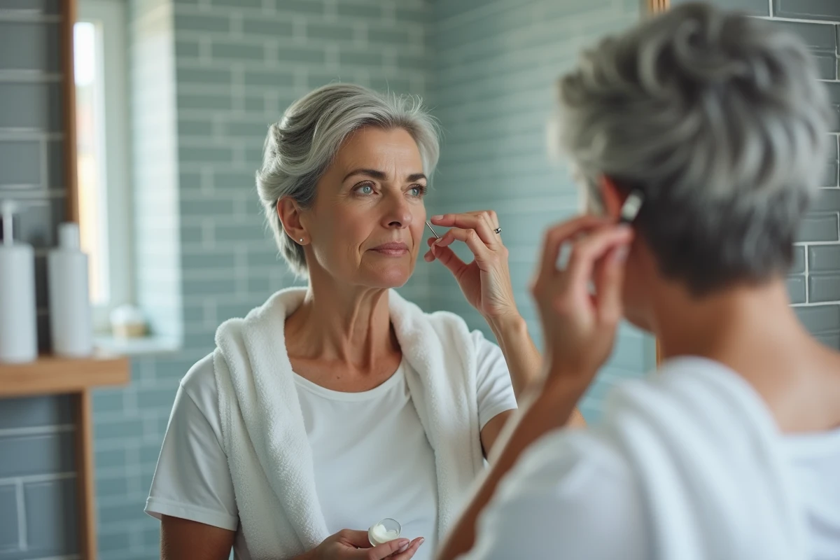 Femme appliquant une coloration racine maison devant le miroir de salle de bain pour couvrir sa repousse grise naturellement