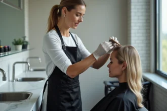 Coiffeuse professionnelle appliquant une patine sur cheveux blonds en salon, démonstration technique de coloration neutralisante