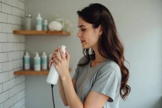 Femme appliquant un spray protecteur thermique sur ses cheveux bruns avant de les coiffer