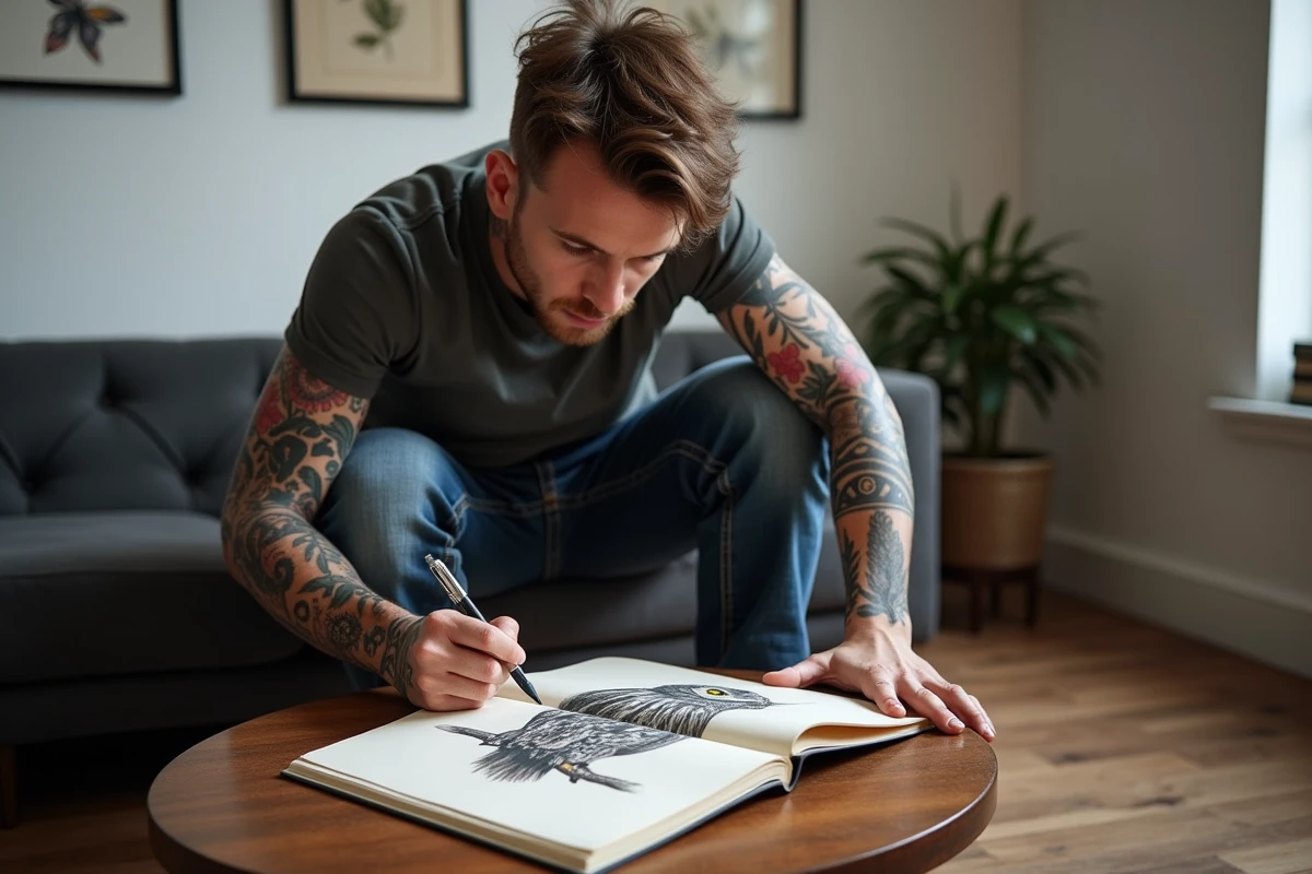 Artiste tatoueur accroupi dans son studio minimaliste avec un tatouage hibou sur le mollet et un carnet de croquis de designs de hiboux ouvert