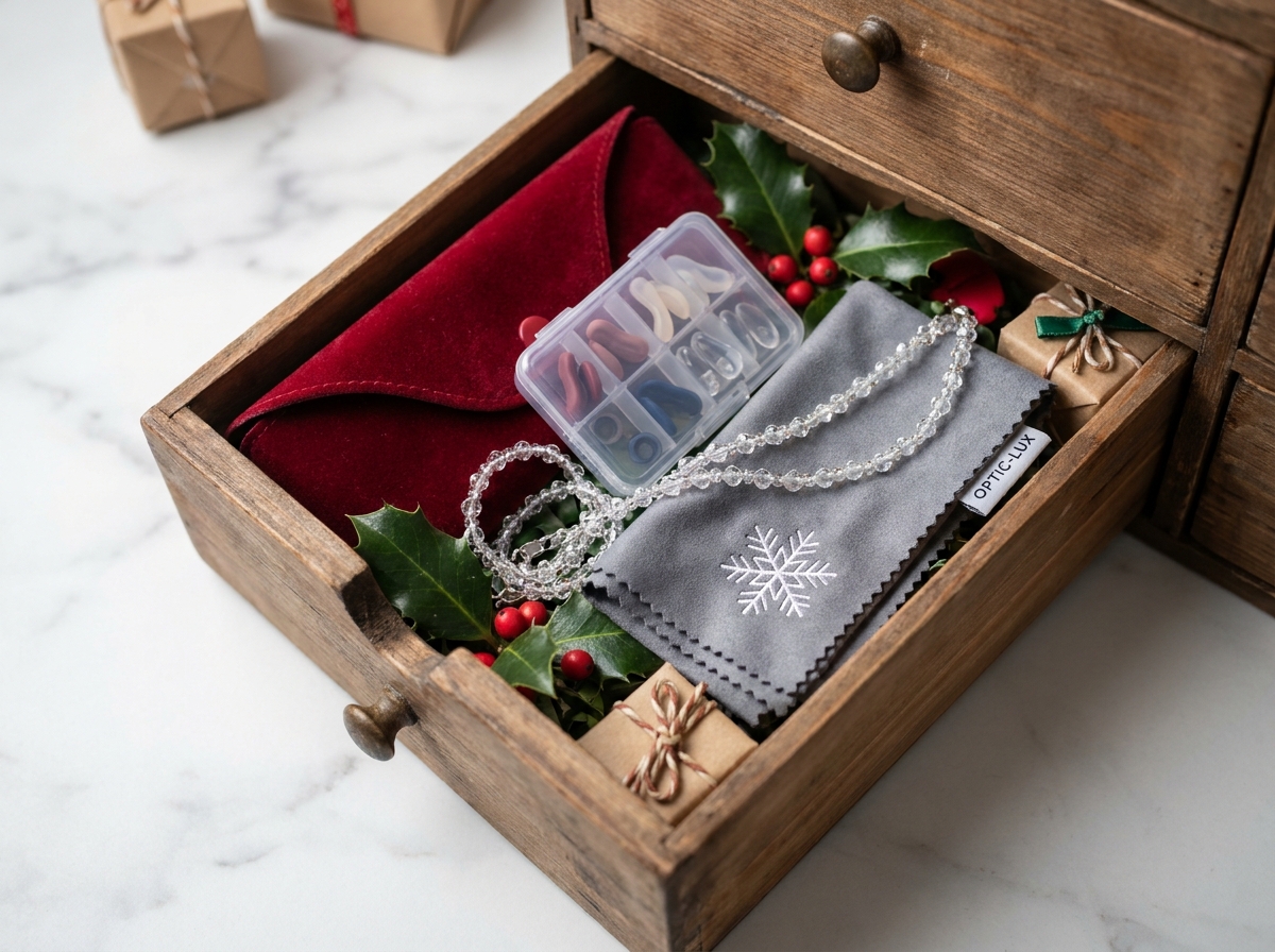 Assortiment d'accessoires lunettes de Noël présentés dans un calendrier de l'avent en bois sur marbre blanc