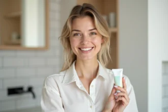 Femme aux dents blanches tenant un dentifrice pour dents sensibles dans une salle de bain moderne