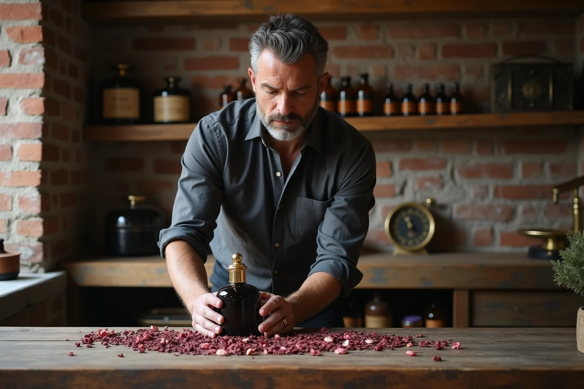 Flacon de parfum Gissah posé dans un atelier de parfumerie artisanale avec bois d'oud et pétales de rose
