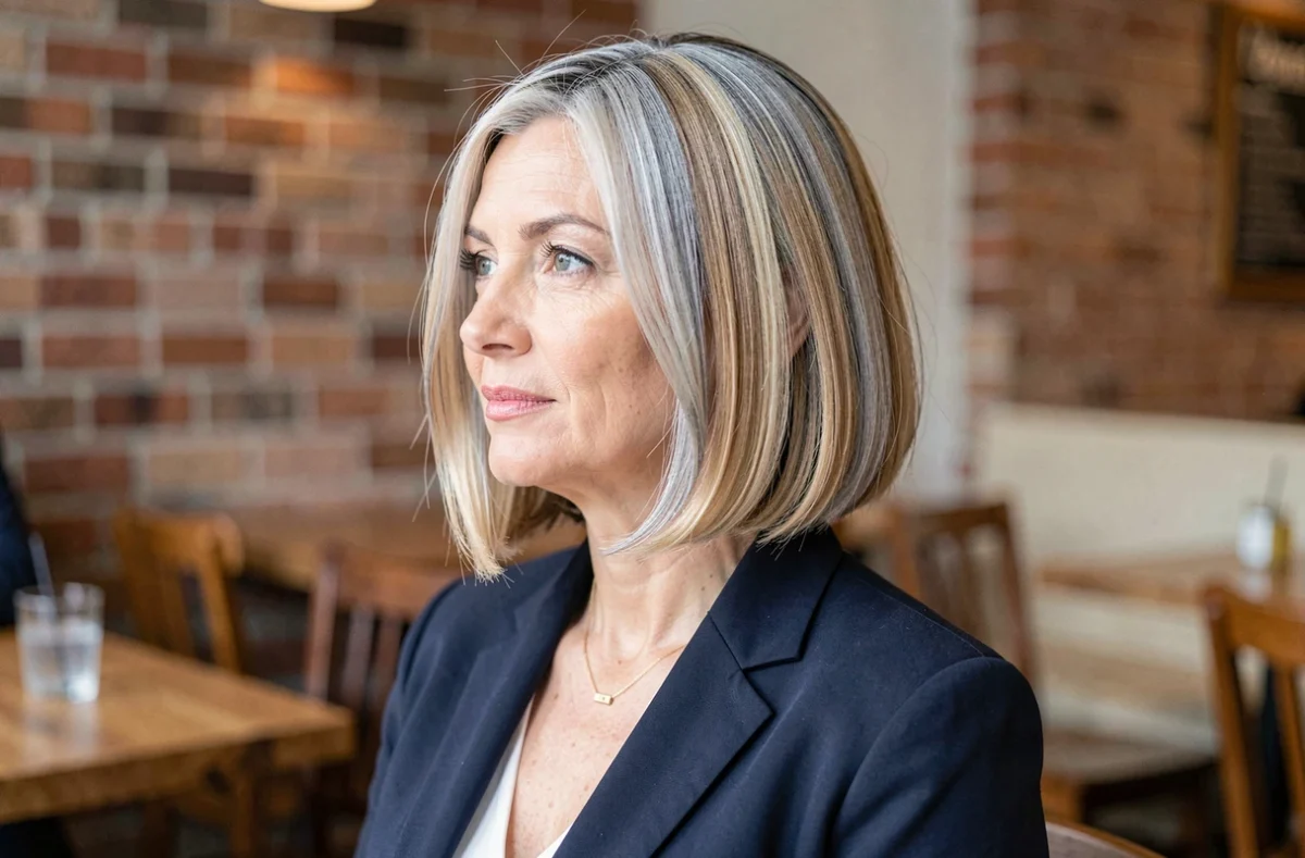 Femme quinquagénaire avec un carré court balayage blond cendré sur cheveux blancs dans un café urbain