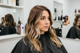 Femme aux cheveux châtains avec balayage blond en cours de réalisation dans un salon de coiffure professionnel