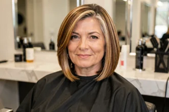 Femme de 45 ans avec un carré court et un balayage caramel couvrant les cheveux blancs, assise dans un salon de coiffure moderne