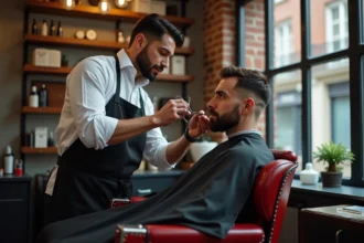 Barbier professionnel réalisant un dégradé précis sur un client dans un fauteuil en cuir rouge au VANITY Barber Shop de Lille