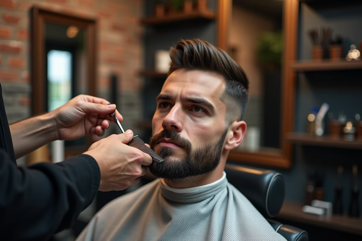Barbier professionnel en train de sculpter le bouc d'un client dans un salon de barbier contemporain au style urbain