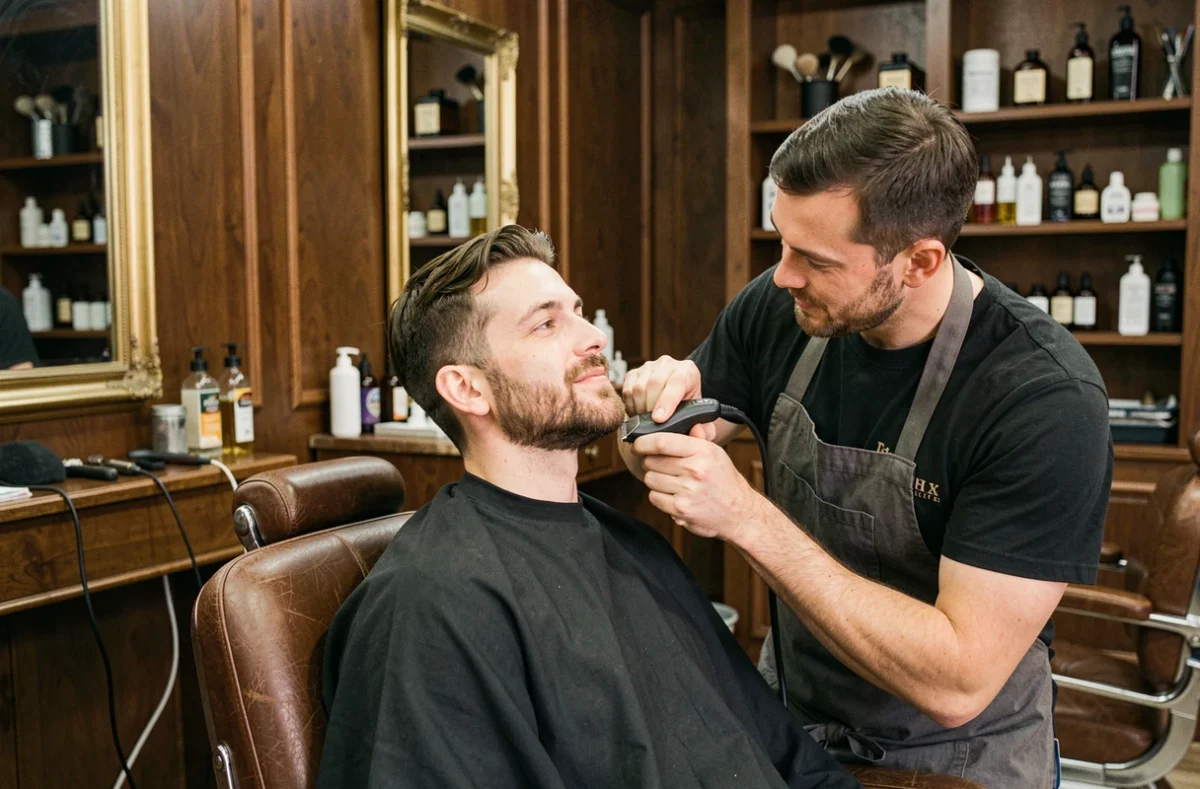 Barbier sculptant et uniformisant la barbe sur les joues d'un client dans un salon de coiffure traditionnel