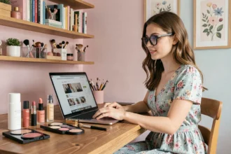 Jeune femme blogueuse beauté avec lunettes tapant sur un ordinateur portable entouré de produits cosmétiques dans un bureau cosy