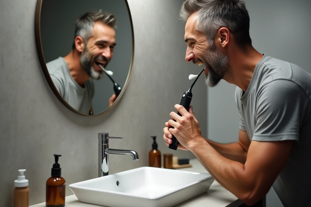 Homme d'âge mûr se brossant les dents avec une brosse électrique douce pour dents sensibles