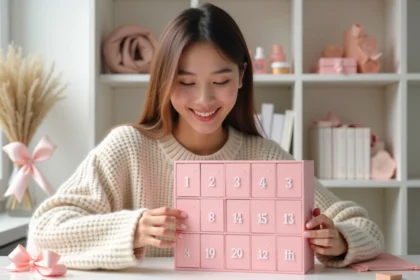 Jeune femme déballant le calendrier de l'Avent YesStyle rempli de produits k-beauty miniatures sur un bureau minimaliste