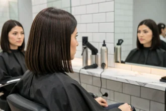 Femme aux cheveux bruns avec un carré classique net et droit, assise dans un fauteuil de salon de coiffure moderne