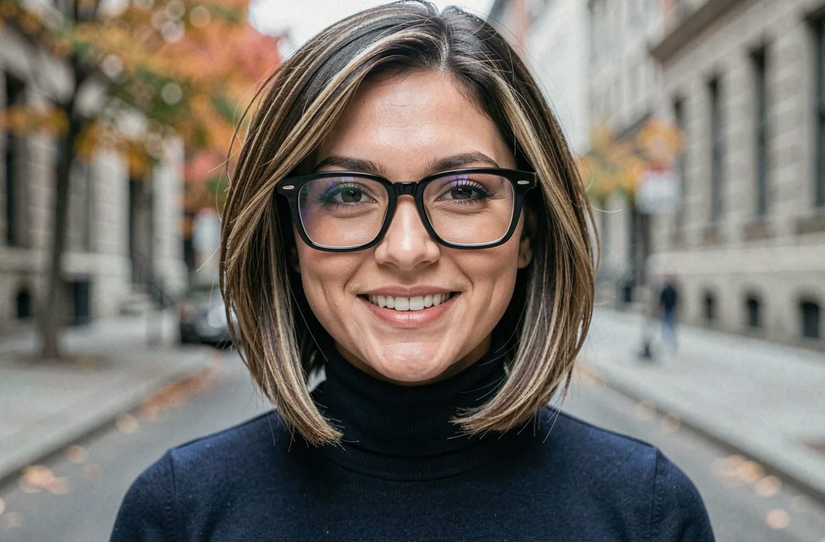 Femme portant des lunettes carrées noires avec un carré mi-long et des reflets pour affiner un visage rond, en extérieur urbain