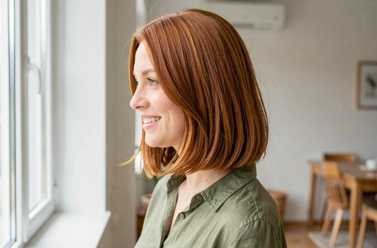 Femme aux cheveux auburn avec un carré plongeant dégradé montrant la graduation de la nuque vers le menton dans un appartement scandinave