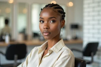Femme aux cheveux courts coiffés en micro-tresses volumisantes dans un salon moderne