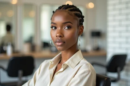 Femme aux cheveux courts coiffés en micro-tresses volumisantes dans un salon moderne