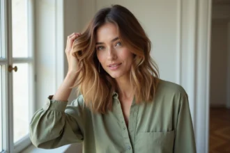 Femme aux cheveux mi-longs dégradés avec un effet wavy naturel, coiffure décontractée dans un appartement parisien lumineux