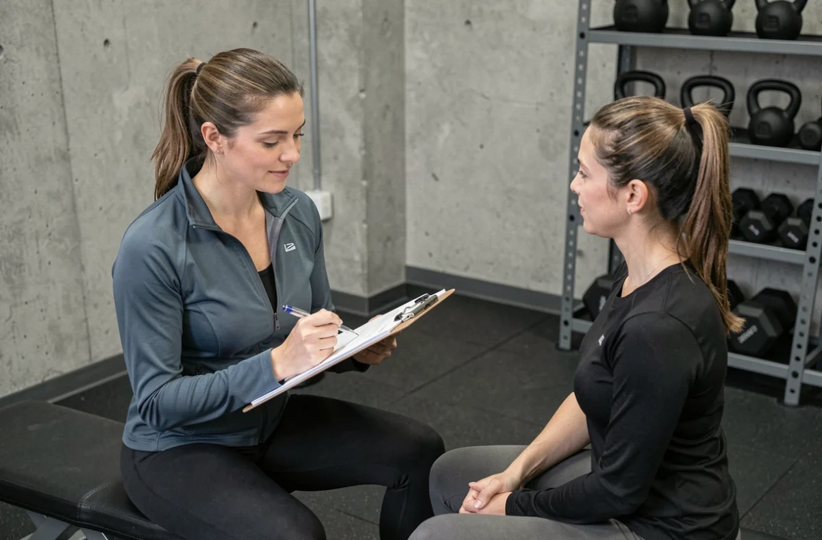 Coach sportive féminine présentant un programme d'entraînement personnalisé à une cliente dans une salle de fitness