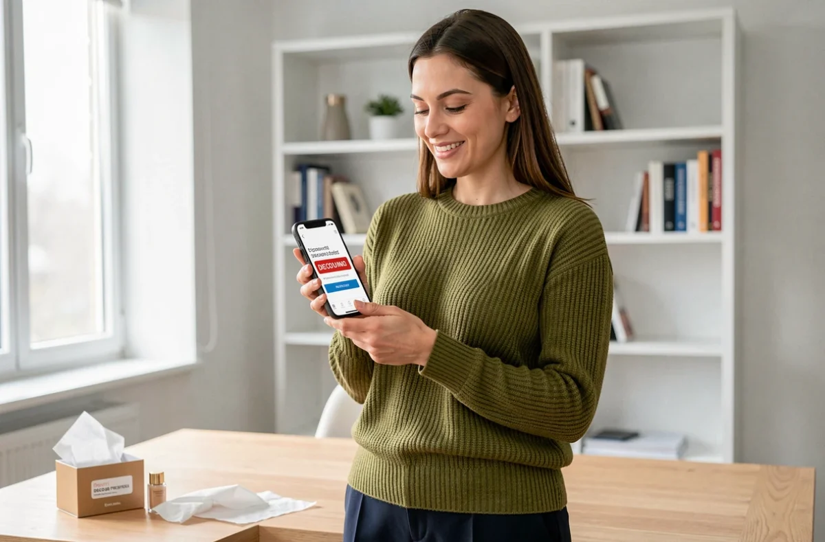 Femme utilisant un code promo Primor sur smartphone pour cumuler des réductions sur sa commande de cosmétiques en France