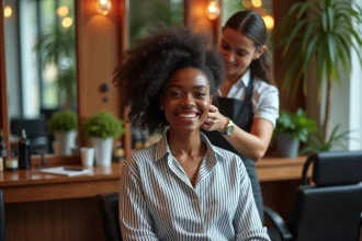 Jeune femme noire coiffée de boucles naturelles dans un salon moderne