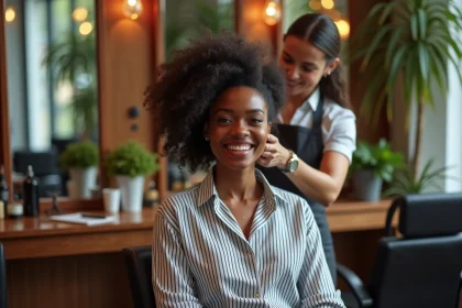 Jeune femme noire coiffée de boucles naturelles dans un salon moderne