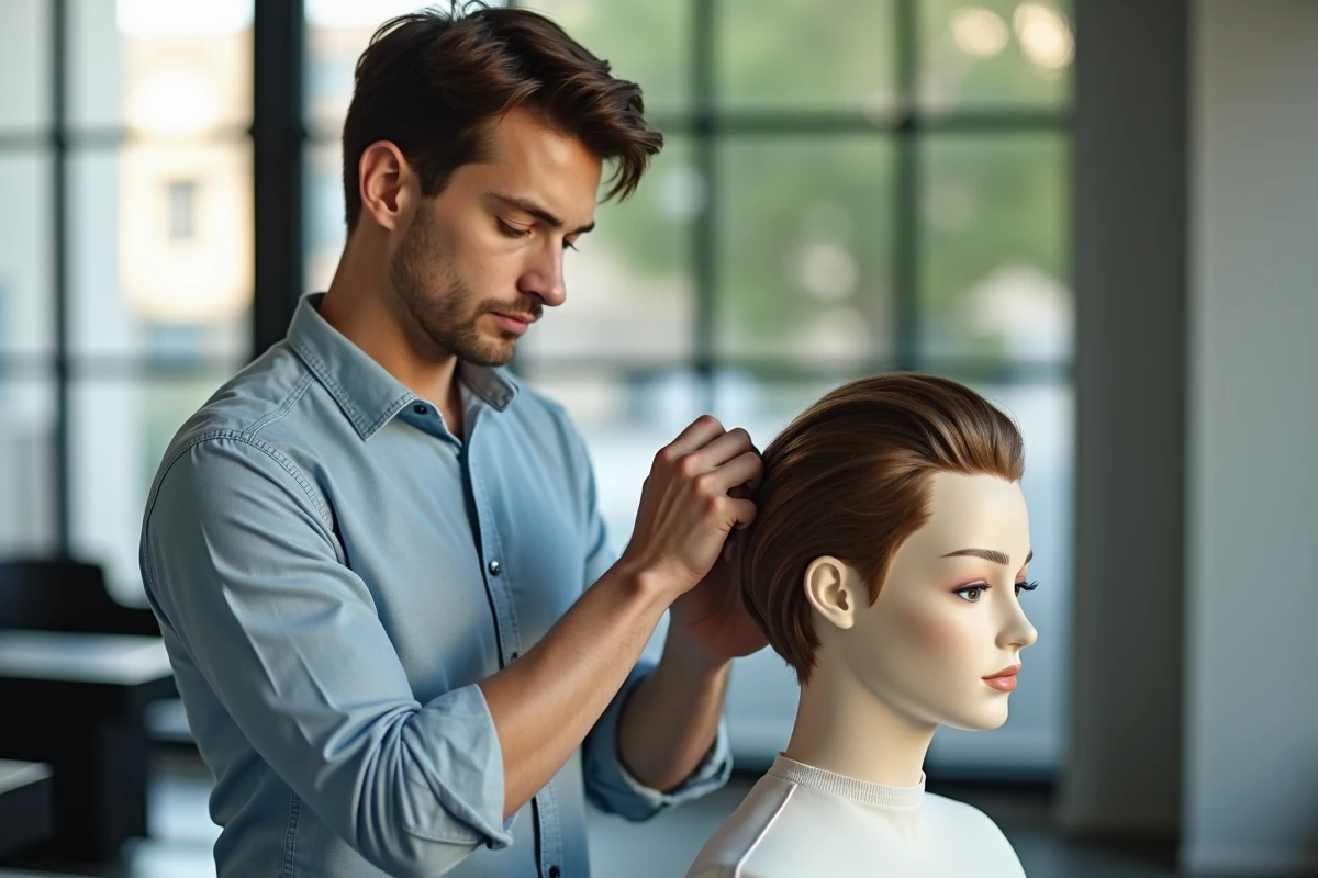 Coiffeur montrant une technique de coupe sur mannequin