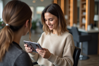 Femme souriante avec coupe de cheveux moderne dans un salon