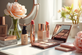 Coiffeuse moderne avec produits de maquillage français
