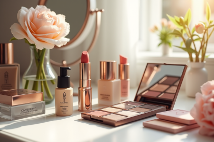 Coiffeuse moderne avec produits de maquillage français