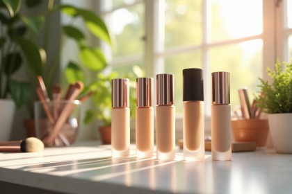 Table de maquillage moderne avec bouteilles de fond de teint naturelles