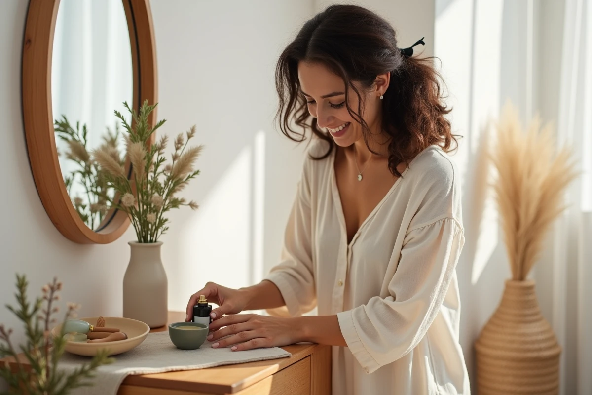 Femme arrangeant un flacon de musc intime sur une coiffeuse en bois entourée de produits de soin naturels
