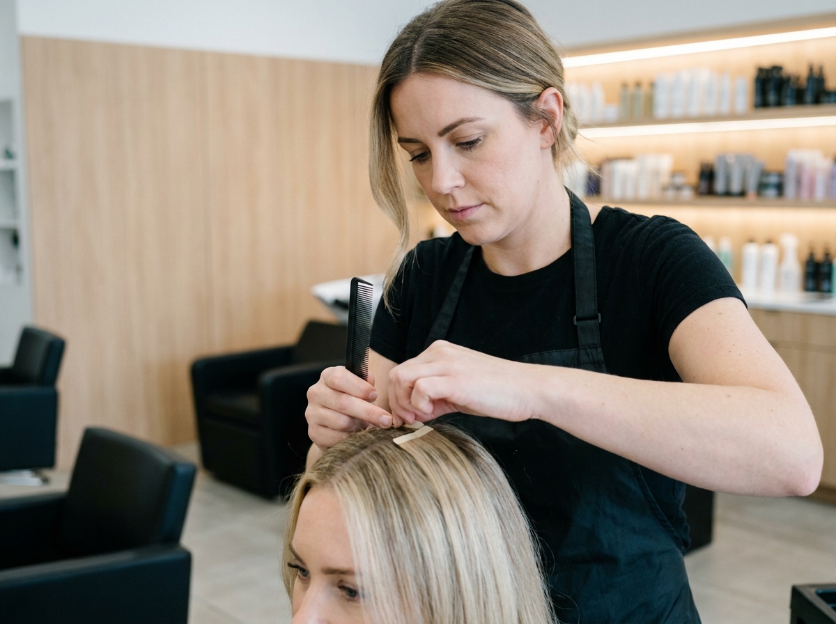 Coiffeuse professionnelle en salon appliquant des extensions adhésives sur les cheveux blonds d'une cliente