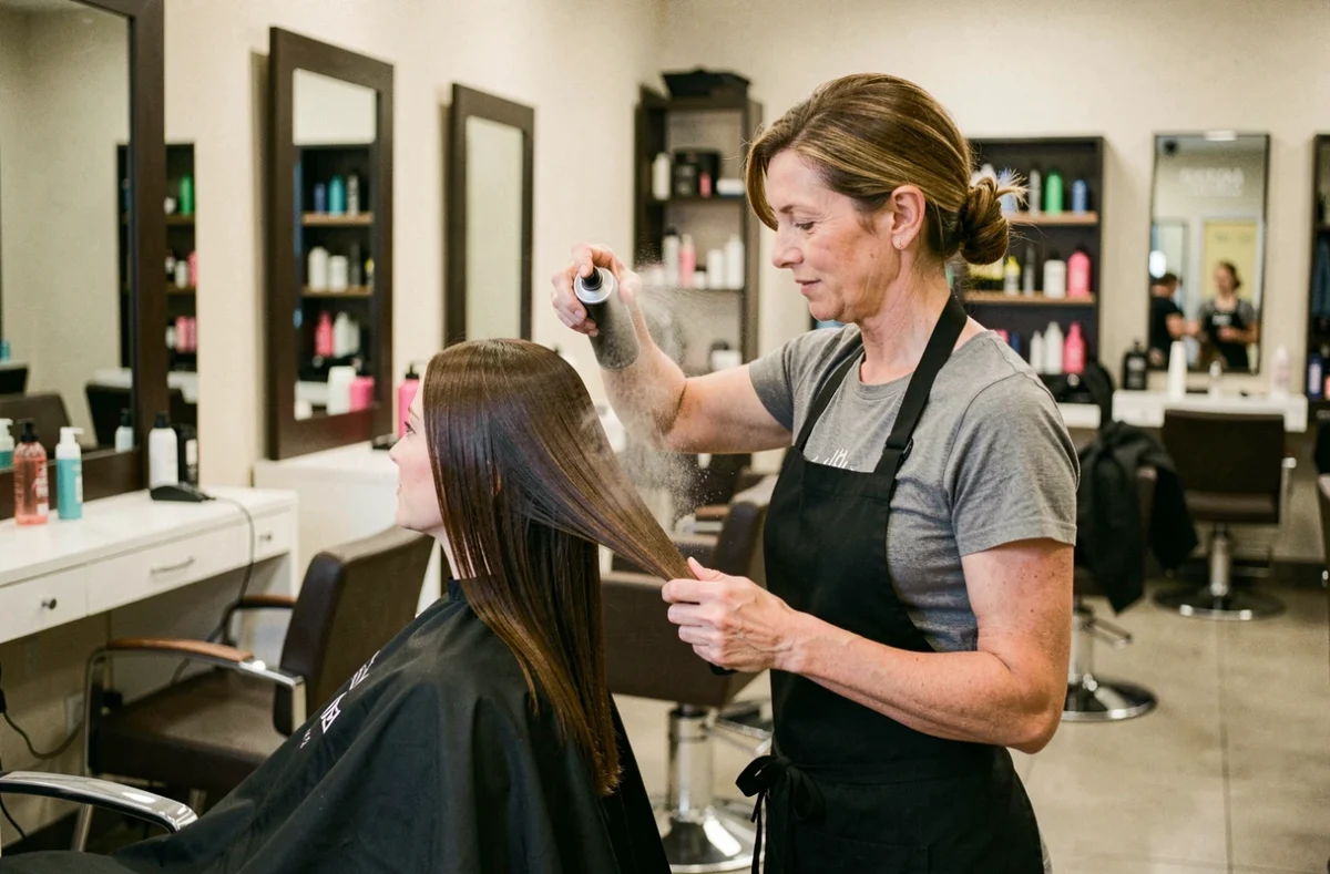Coiffeuse professionnelle appliquant un spray de finition après brushing en salon de coiffure