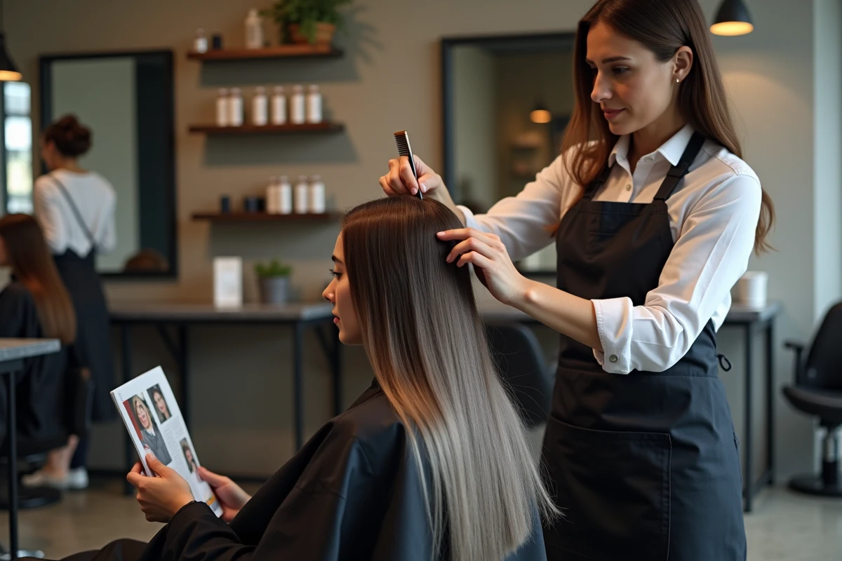 Coiffeuse professionnelle appliquant la technique blended grey sur une cliente en salon de coiffure contemporain