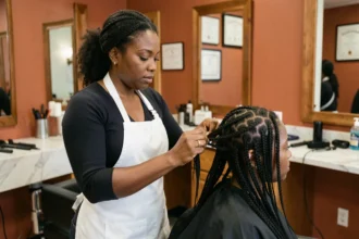 Coiffeuse professionnelle spécialisée en tresses afro travaillant sur une cliente dans un salon moderne et soigné