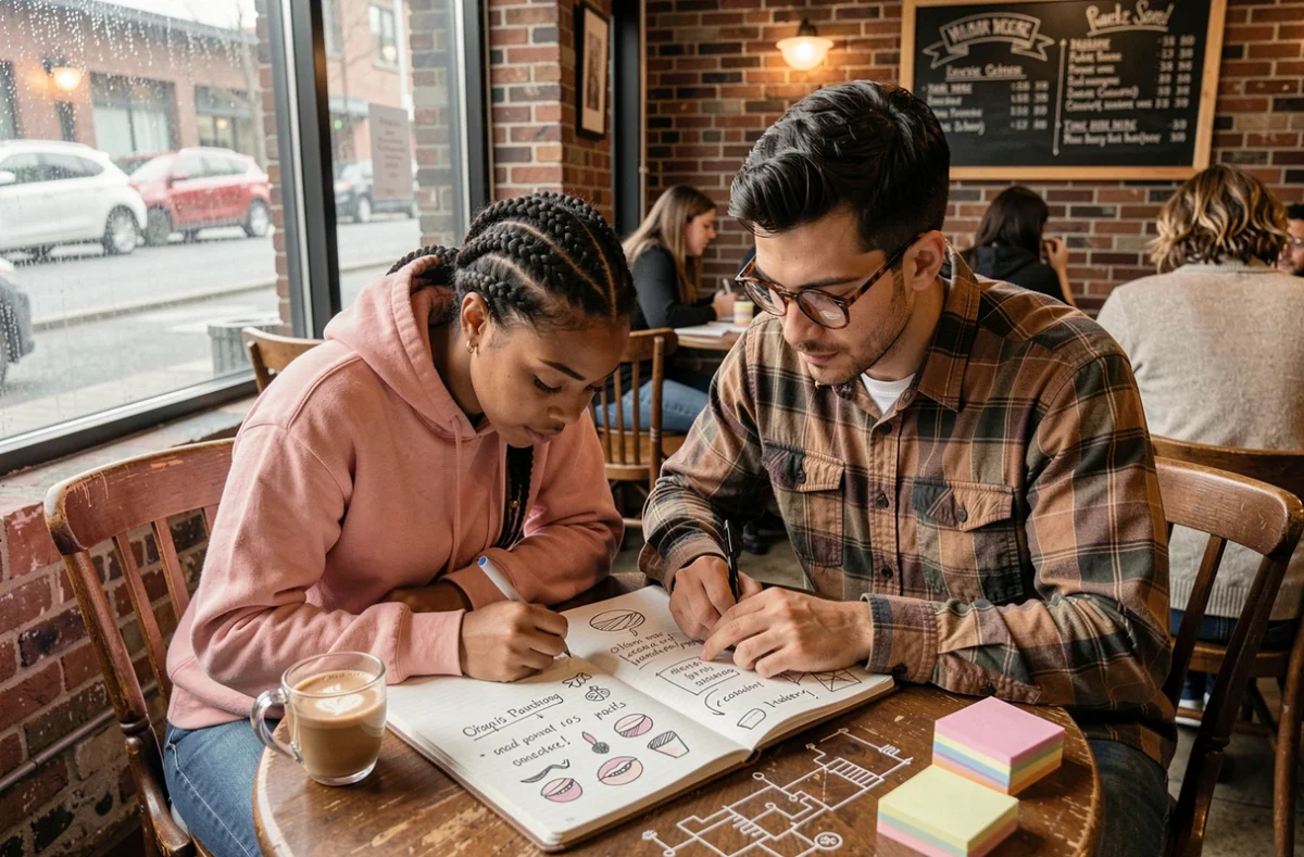 Deux créateurs de contenu collaborant sur un cahier de planification de blog beauté et geek dans un café indépendant