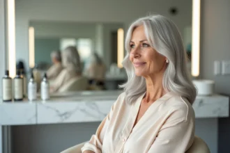 Femme mature en salon de coiffure avec une repousse grise naturellement adoucie se fondant dans une chevelure blanc argenté
