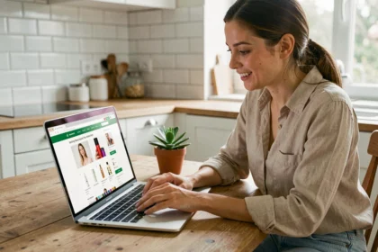 Jeune femme commandant des produits cosmétiques sur le site Primor depuis son appartement, profitant des codes promo et de la livraison en France