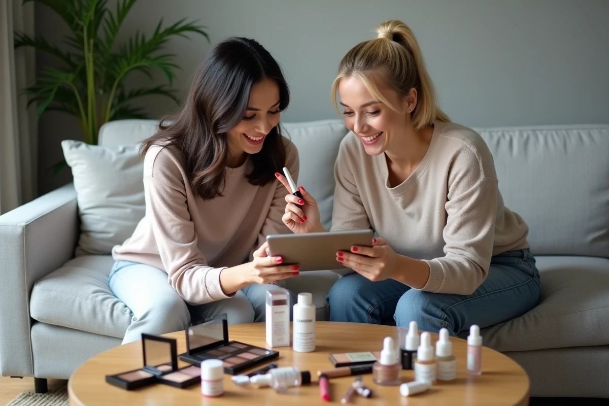 Deux femmes comparant des offres de maquillage pas cher entre Beauté Privée et Amazon dans un salon moderne
