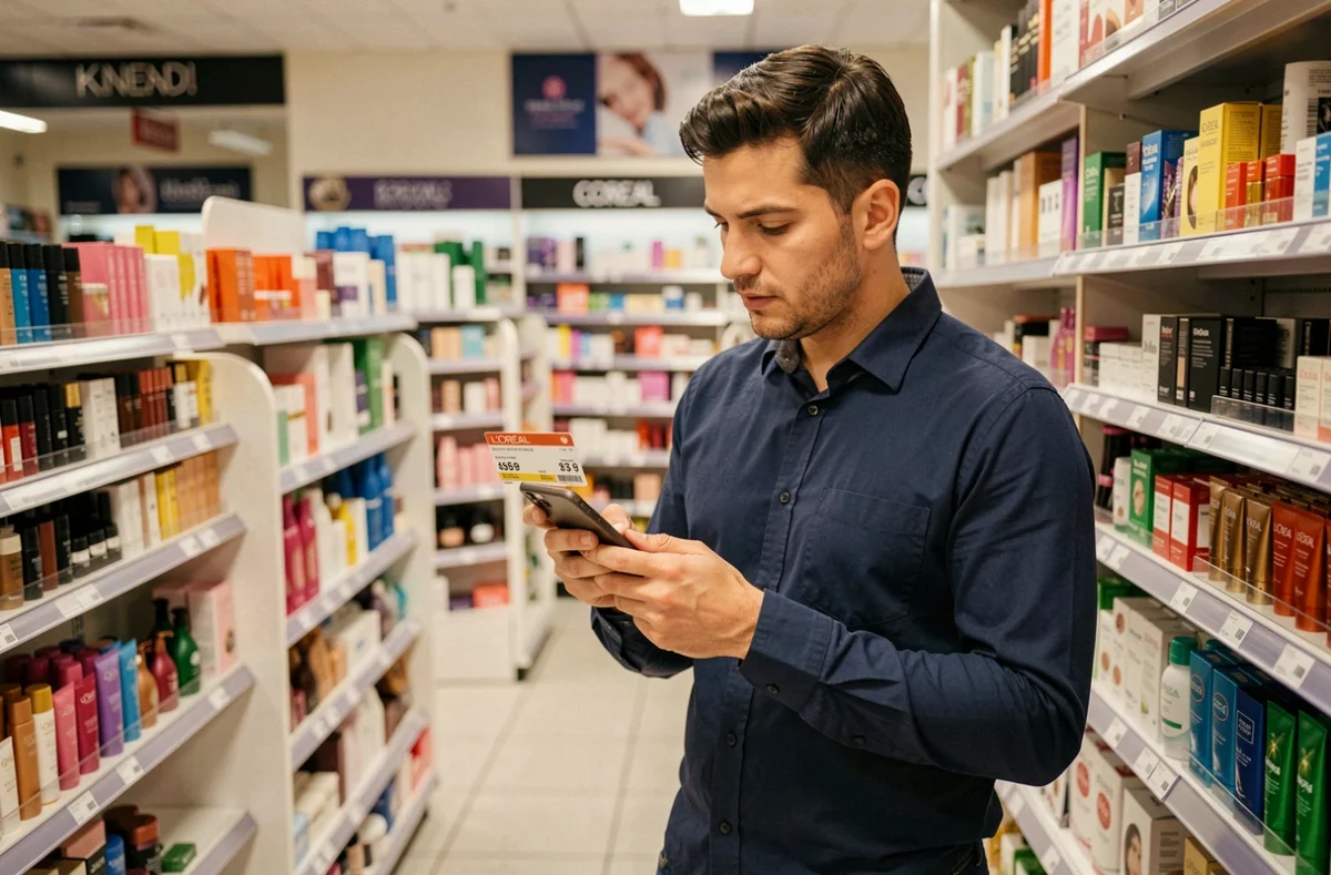 Homme comparant le prix d'un produit L'Oréal en magasin avec une offre de vente au personnel sur son téléphone