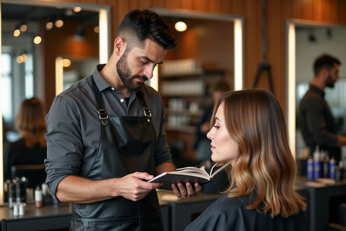 Coiffeur en consultation avec une cliente pour choisir la bonne patine capillaire, prévention des erreurs de coloration