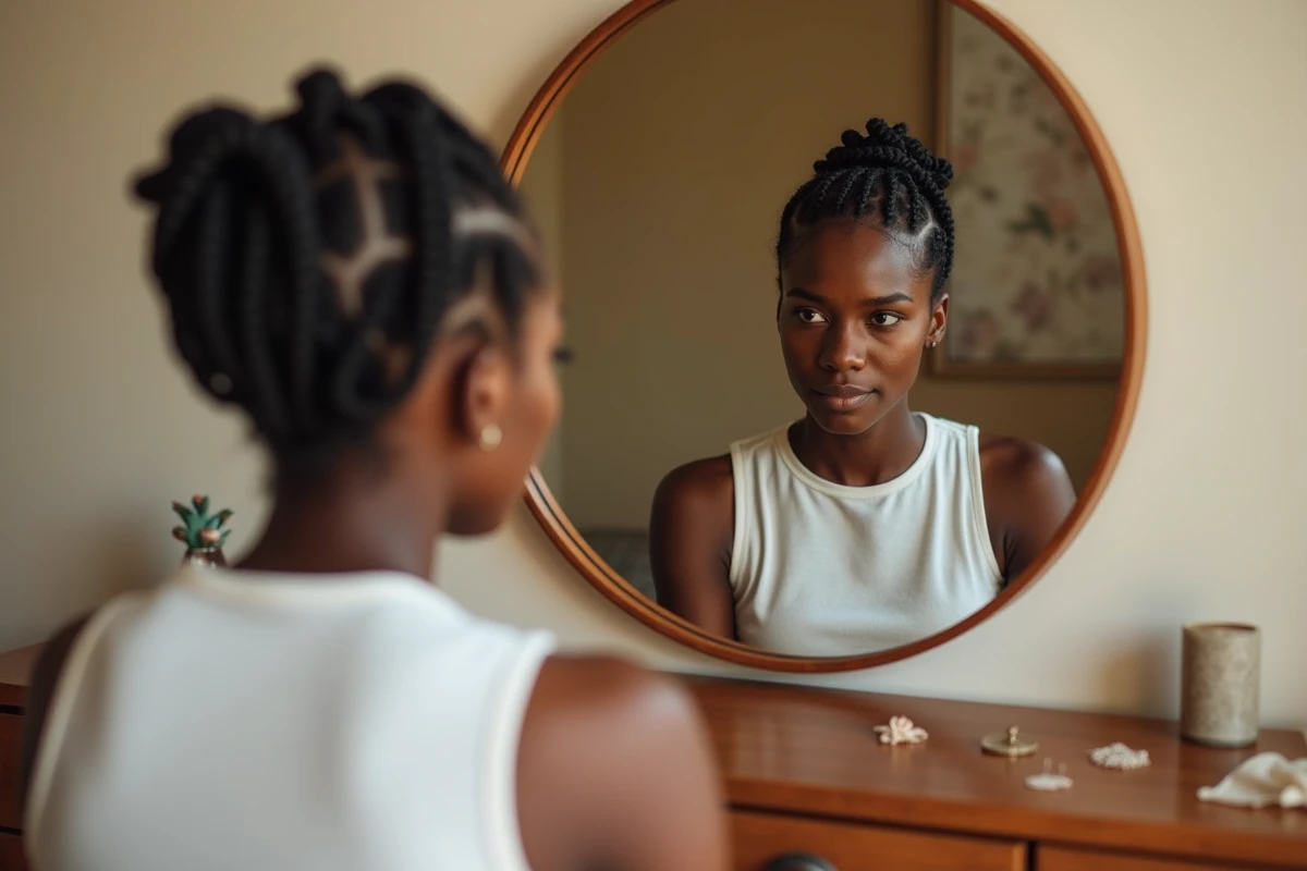 Femme aux cheveux courts en cornrows devant un miroir de coiffeuse à la maison pour donner du volume