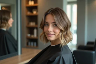 Femme aux cheveux fins avec une coupe en dégradé structuré chez le coiffeur, vue en miroir dans un salon moderne