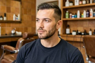 Homme avec coupe taper et barbe courte bien taillée dans un salon de coiffure vintage, portrait trois quarts mettant en valeur le visage dessiné