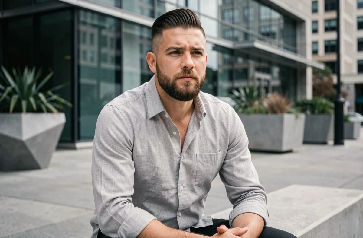 Jeune homme en extérieur urbain arborant une coupe taper fade haute et une barbe soignée, assis décontracté avec un immeuble moderne en arrière-plan flou
